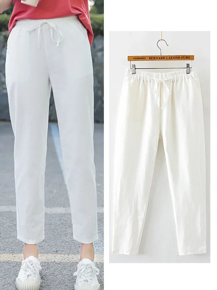 Womens Spring Summer Pants Cotton Linen Solid Elastic waist Candy Colors Harem Trousers Soft high quality for Female ladys S-XXL