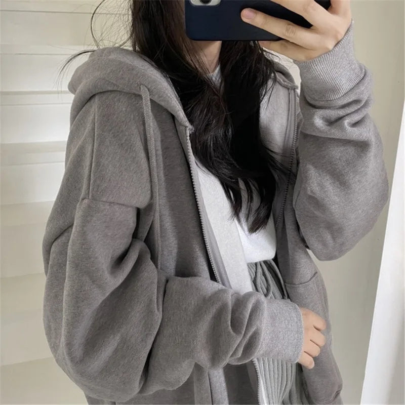 Korean Fashion Zipper Hood Sweatshirt Women Autumn Long Sleeve Tops Casual Y2K Hoodies Streetwear Harajuku Loose Jackets Coats