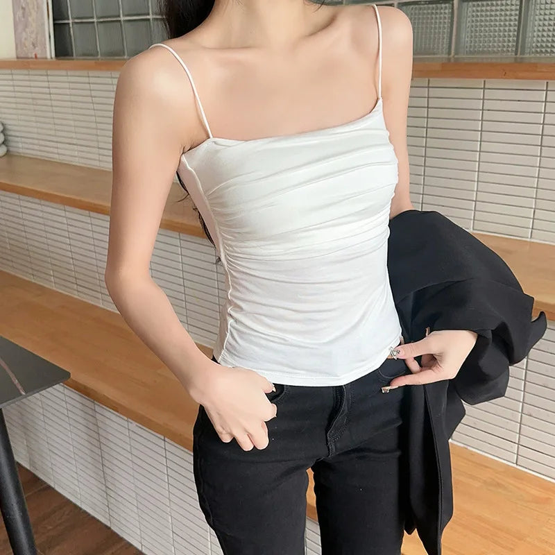 Korean Style Women Tank Tops Spaghetti Strap Camisole Solid Color Push Up Padded Tank Top Cups Sports Vest Tops Summer Camis