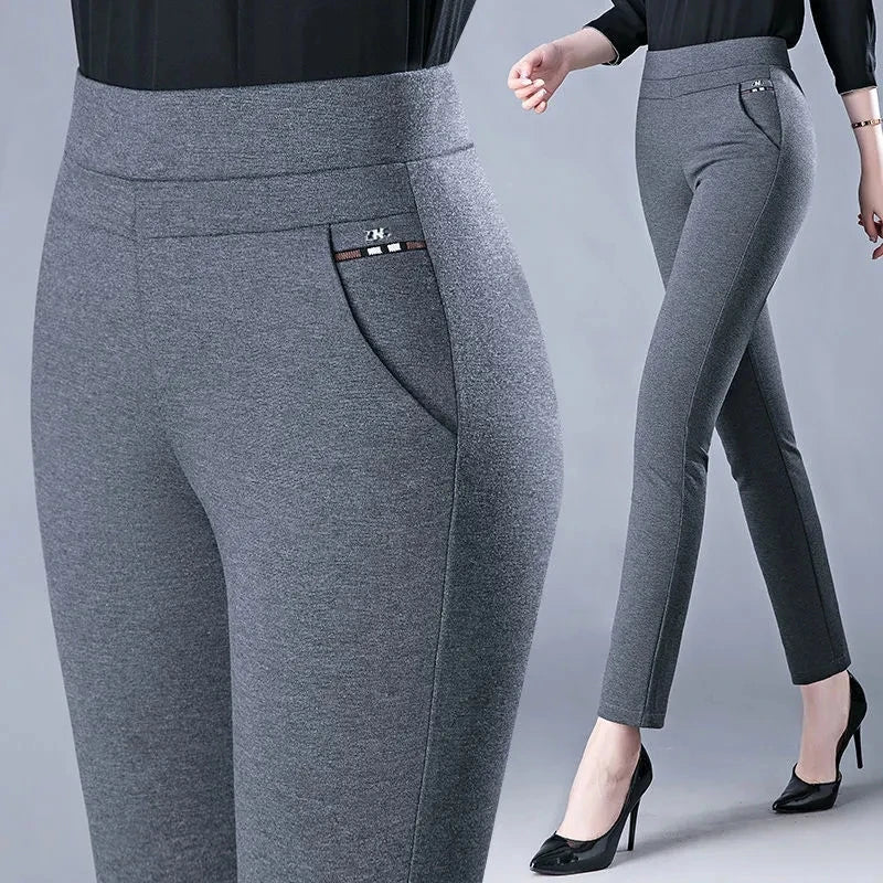 Spring Autumn Middle Aged Women Elastic Waist Casual Straight Pants Female Trousers Wild Slim Stripe Black Gray Pencil Pants 5XL