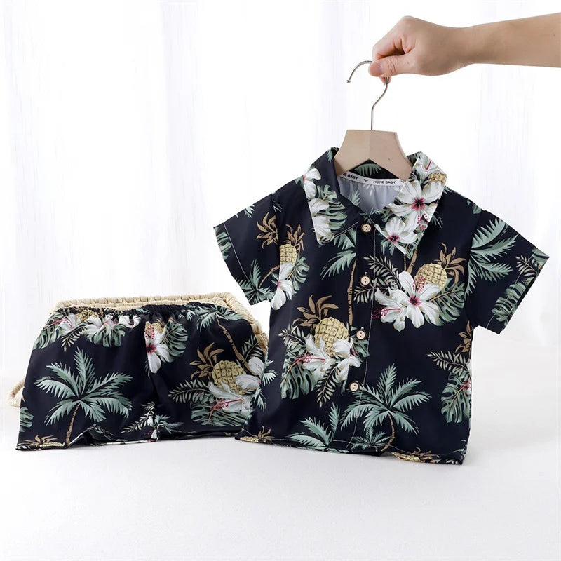 Summer Children Beach Shirt Set Boys Girls Baby Loose Printed Shirts Fashion Vacation Style Kid Short Sleeve+short Pants Outfits