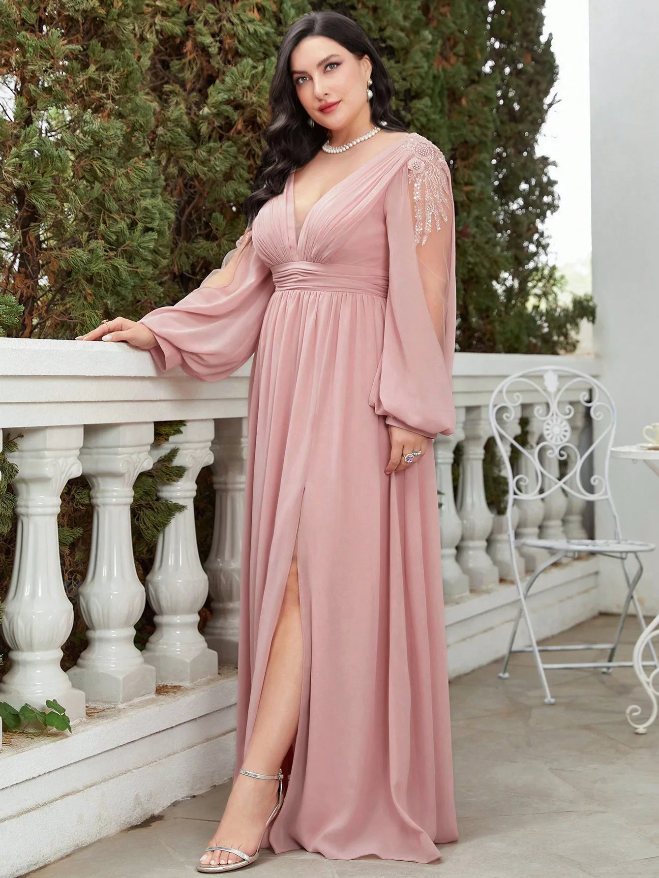 Unithorse Plus Plunging Neck Lantern Sleeve Split Thigh Chiffon Bridesmaid Dress