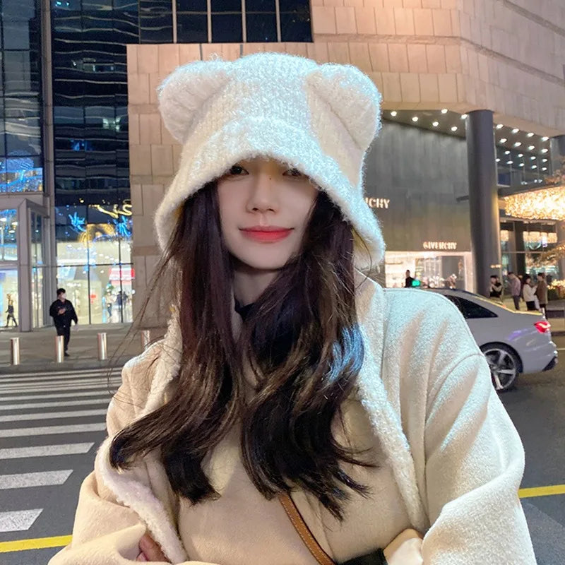 Knit Bear Ear Wool Hats Autumn Winter Women Girl Solid Color Comfortable Warm Cap Cute Outdoor Daily Gatherings Cap Fashion Gift