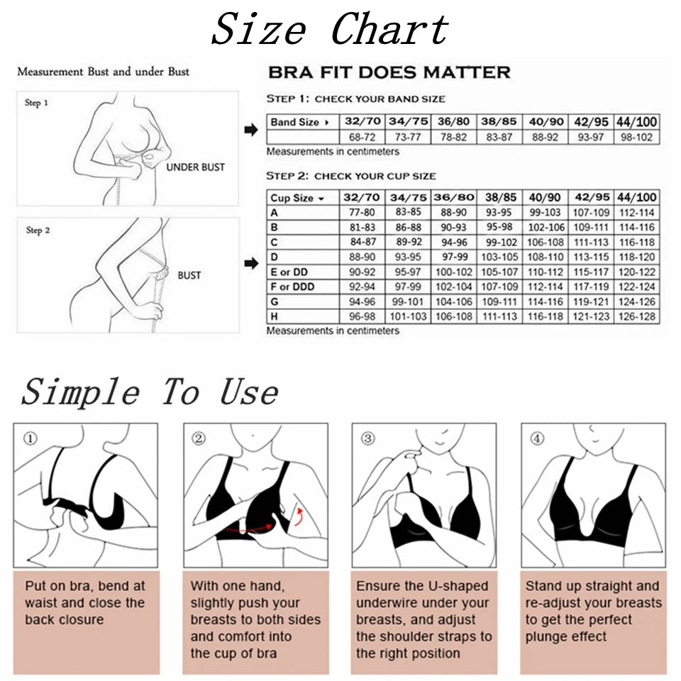 Plunge Bra Women's Deep U Low Cut Invisible Bralette Multi-Way Convertible Sexy Push Up Bare Back Lingerie for Backless Dress