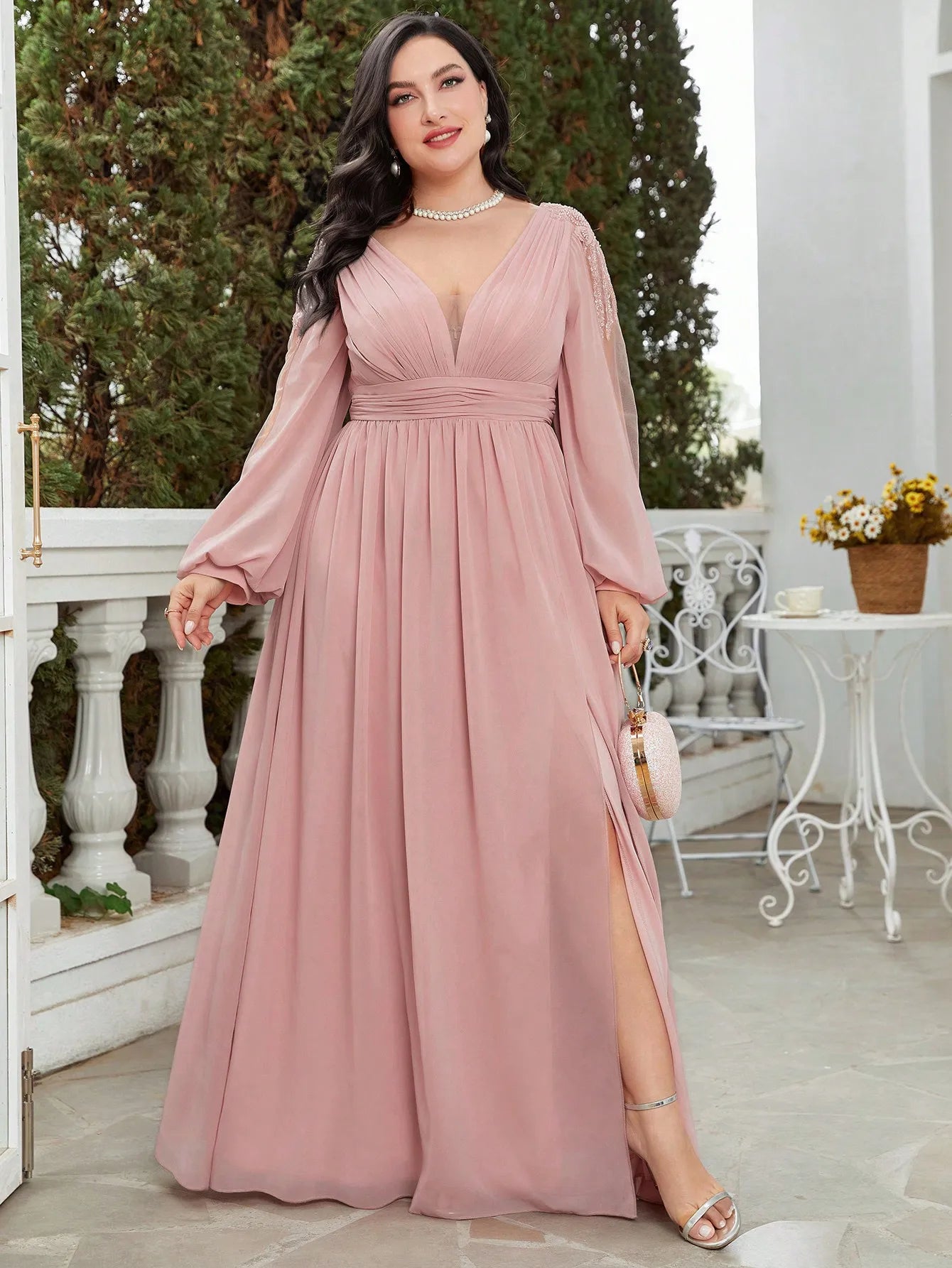 Unithorse Plus Plunging Neck Lantern Sleeve Split Thigh Chiffon Bridesmaid Dress