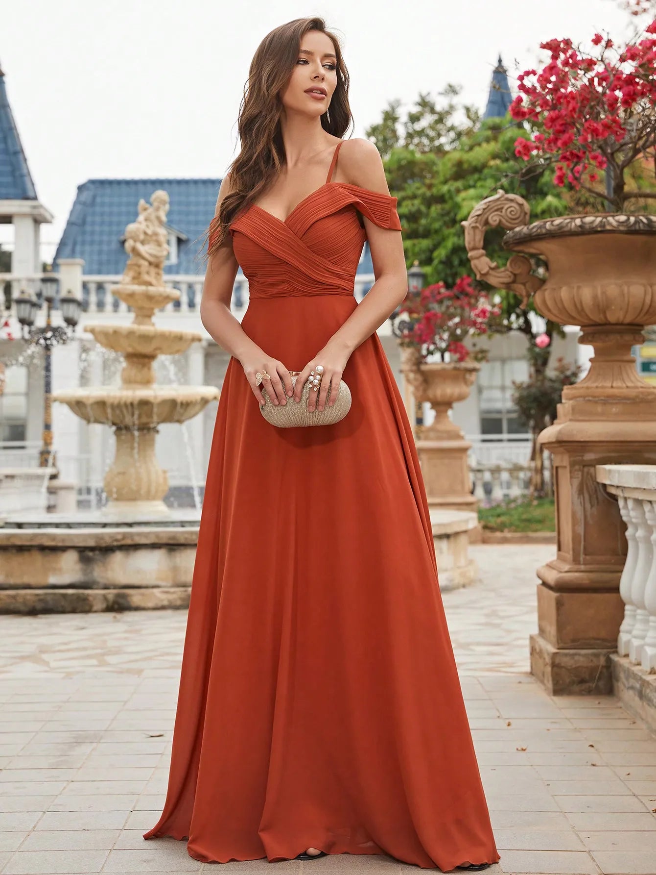 Unithorse Cold Shoulder Ruched Floor Length Chiffon Bridesmaid Dress
