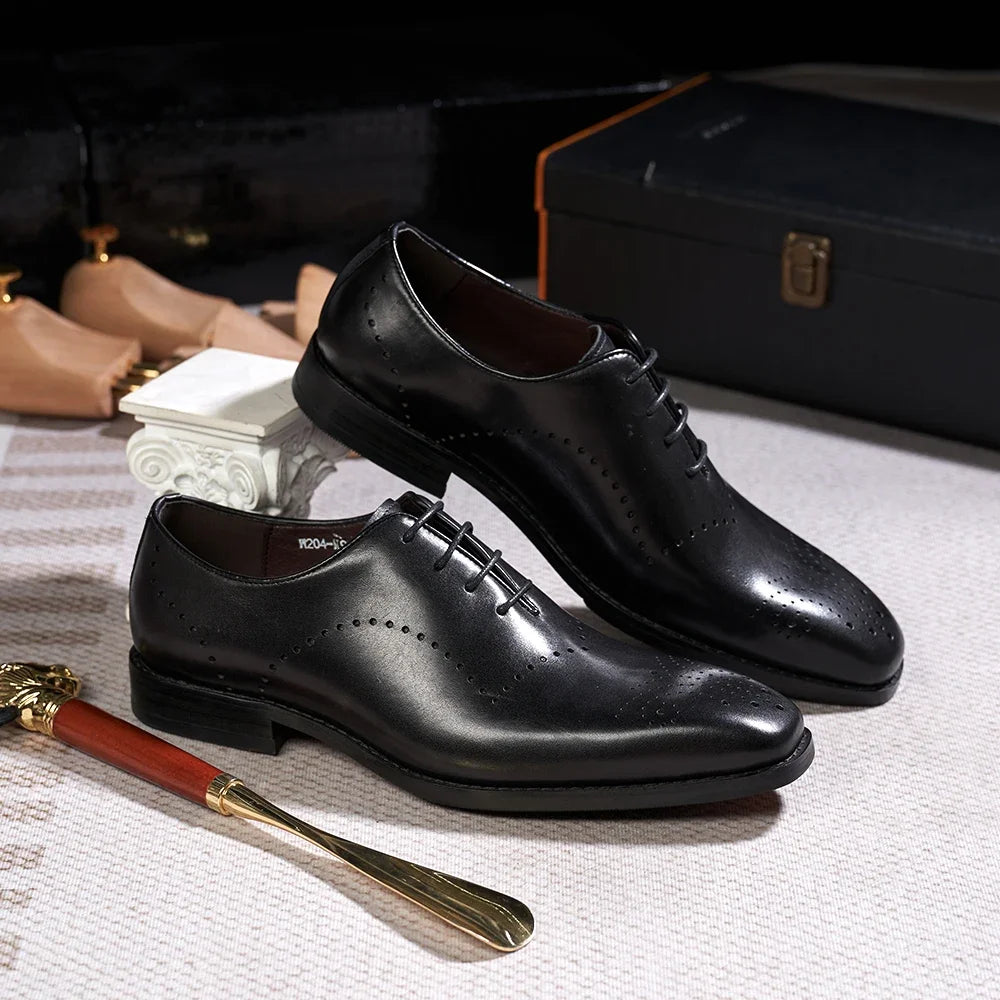 Italian Brogue Men's Oxfords Genuine Leather Lace-Up Formal Dress Shoes for Wedding Party Office Classic Male Shoe