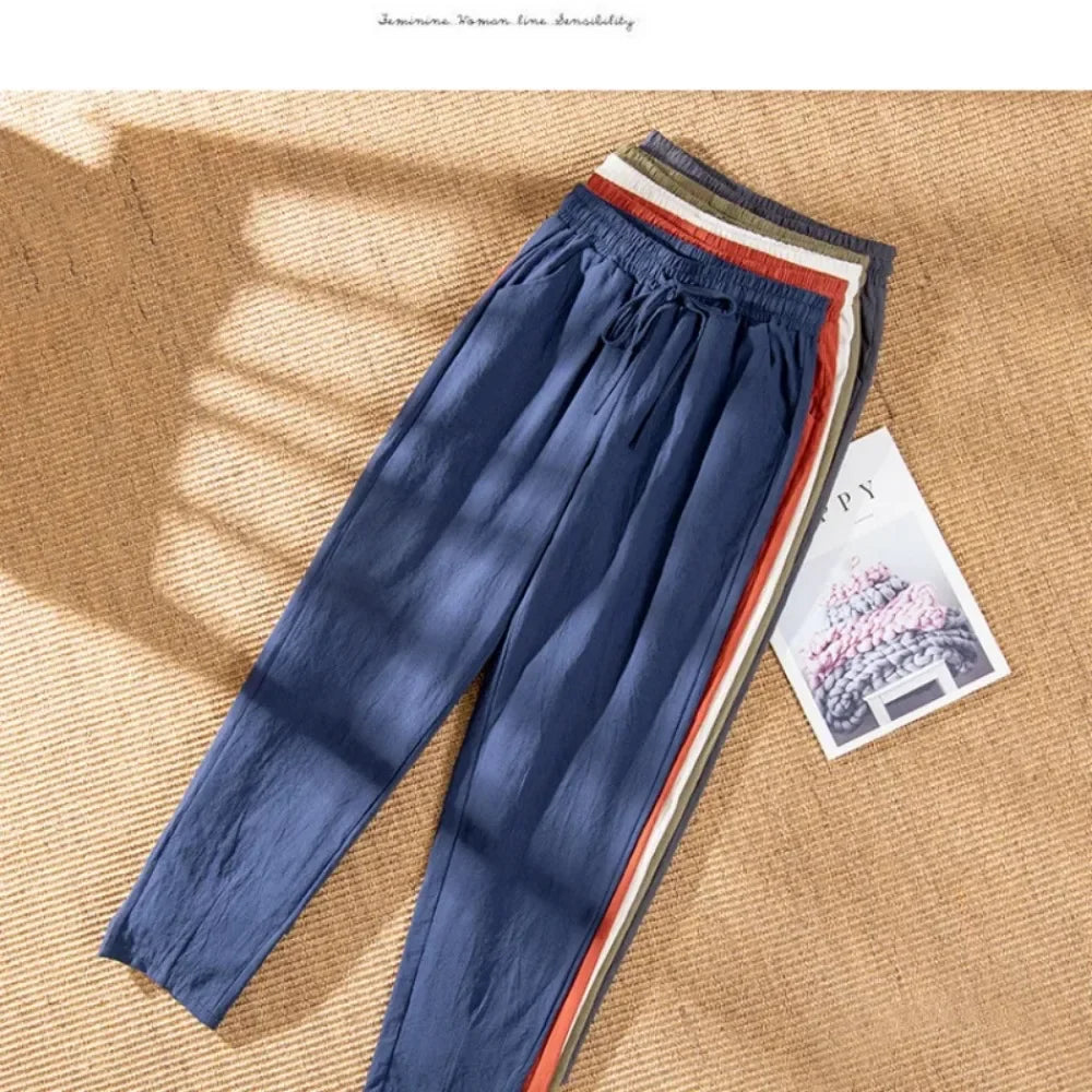 Womens Spring Summer Pants Cotton Linen Solid Elastic waist Candy Colors Harem Trousers Soft high quality for Female ladys S-XXL