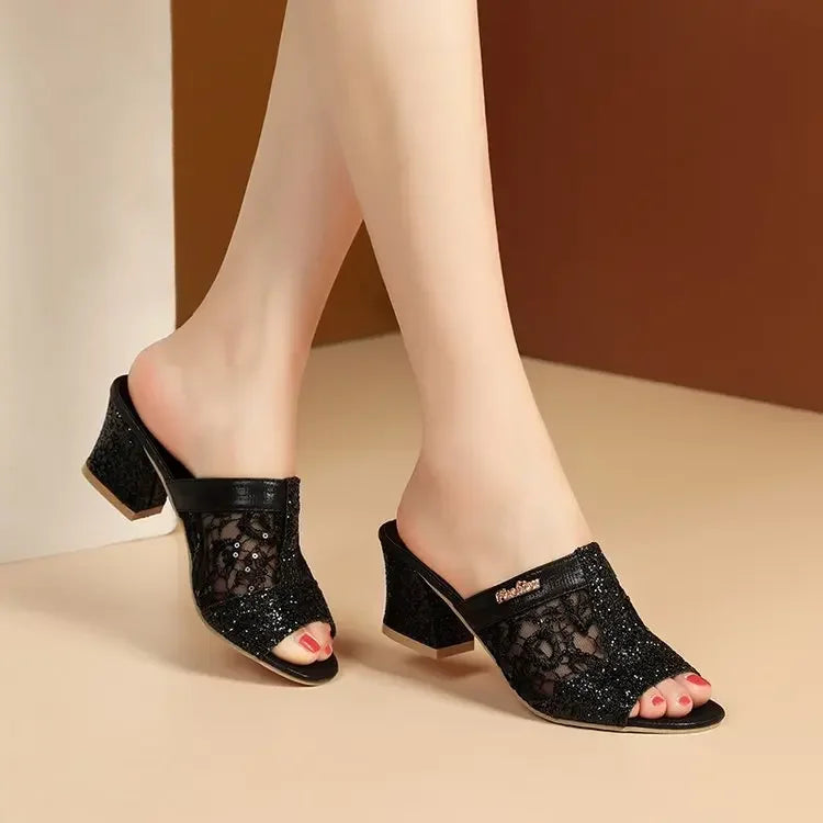 Plus Size 43 Women's Slippers 2025 New Summer Fashion Sequin Cool Slippers Outer Wear Women's Thick Heel Slippers Ladies Sandals