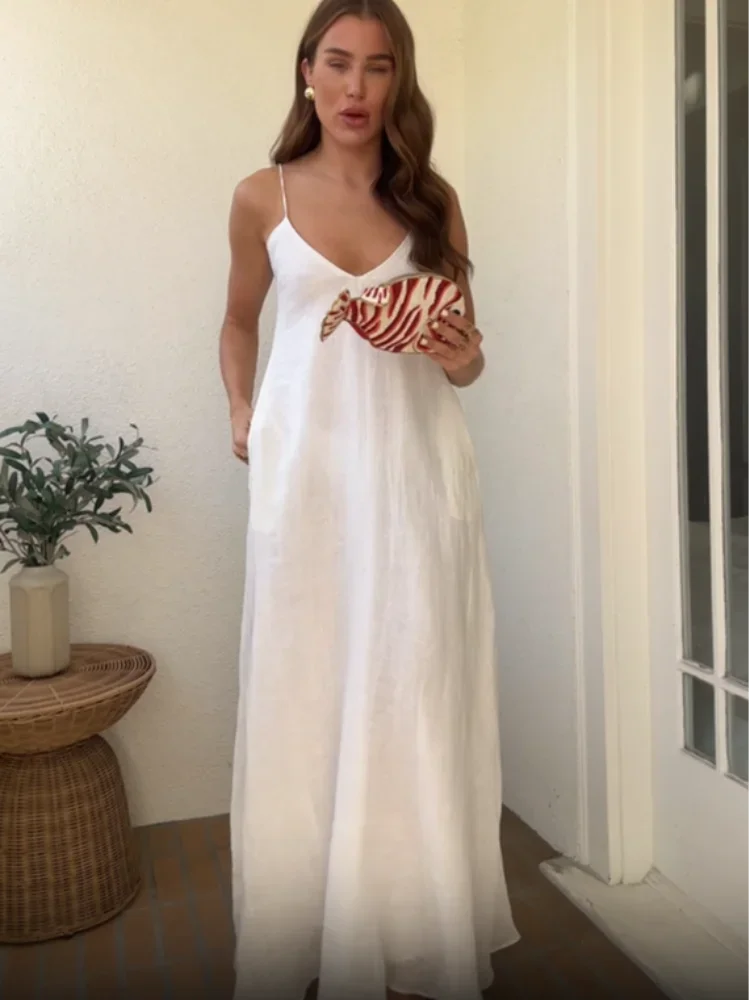 Casual White Cotton Linen Sling Dress Women Fashion Loose V-neck Sleeveless Backless Robes 2025 Lady Summer Daily Commute Robes