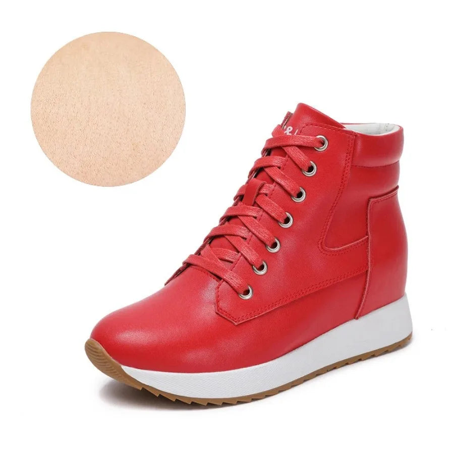 Krasovki 7cm Genuine Leather Warm Women Autumn Spring Casual Chunky Sneaker Women Ankle Booties Platform Wedge Hidden Heel Shoes