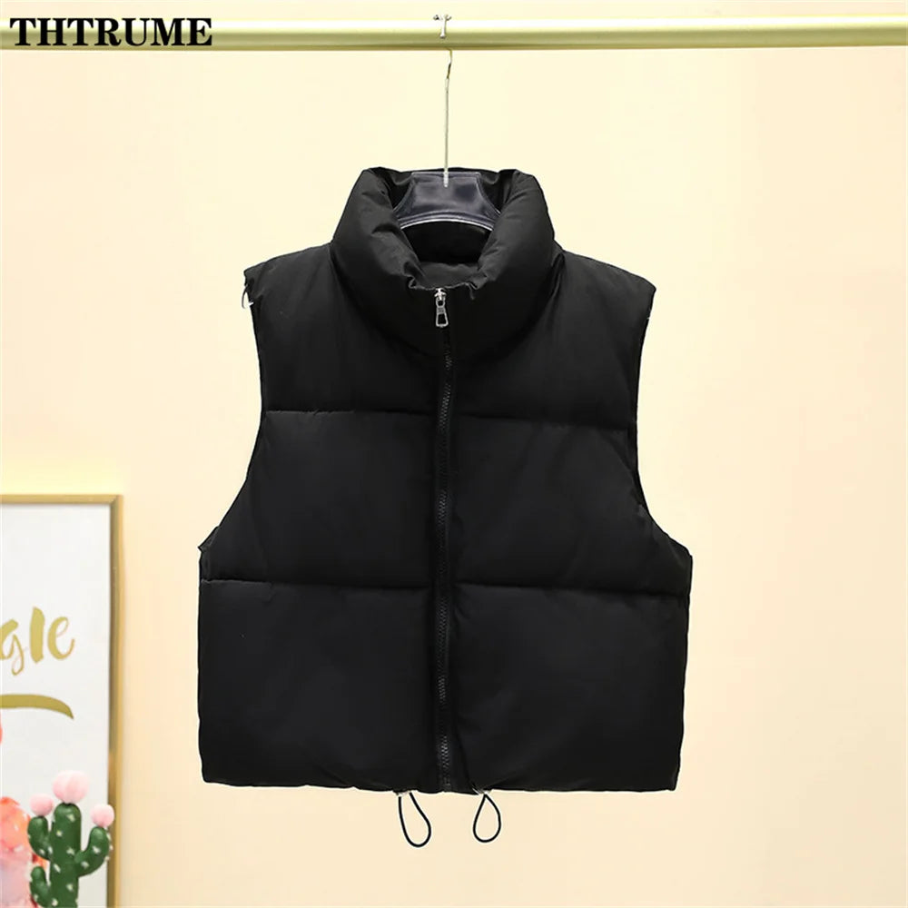 Elegant Quilted Chic Coats Fashion Sleeve Stand Collar Zipper Black Basic Autumn Winter Jackets Casual Office Lady Vest Jacket