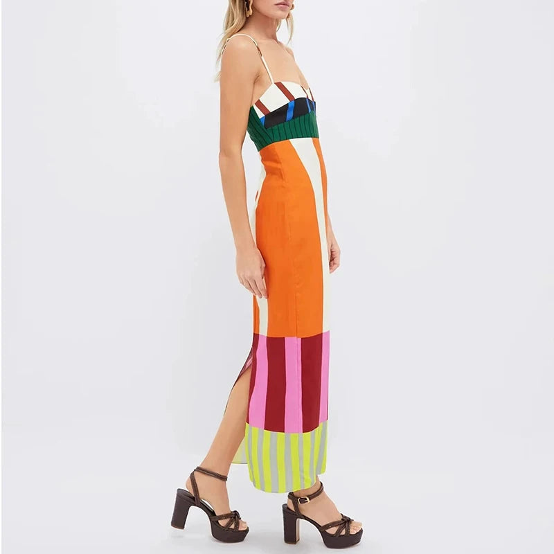Elegant Contrast Striped Print Strap Dress Women Spring V Neck Backless Hollow Long Dress Summer Sleeveless Zip Split Boho Dress