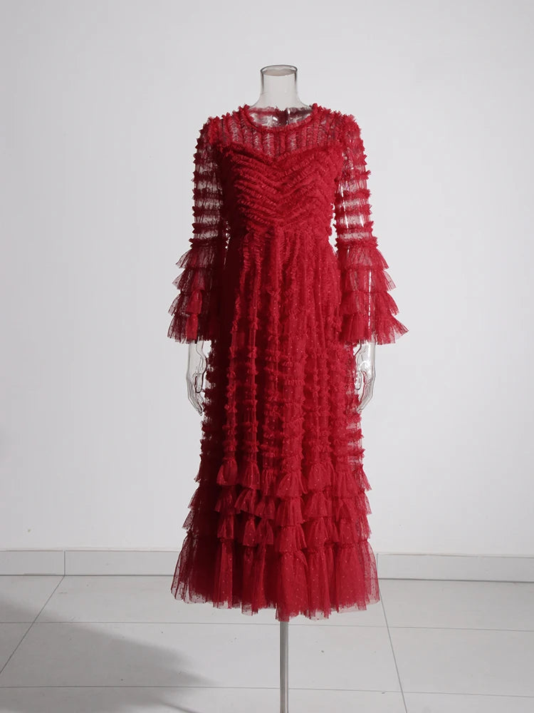 CHICEVER Spliced Patchwork Mesh Dresses For Women Round Neck Flare Sleeve High Waist Autumn Casual Loose A Line Dress Female New