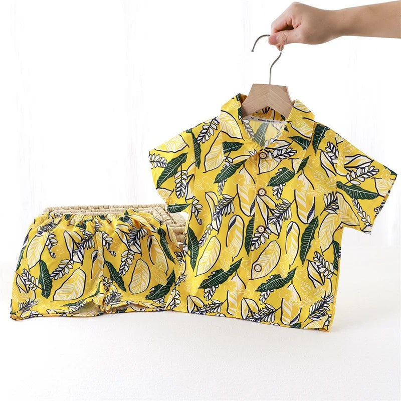 Summer Children Beach Shirt Set Boys Girls Baby Loose Printed Shirts Fashion Vacation Style Kid Short Sleeve+short Pants Outfits