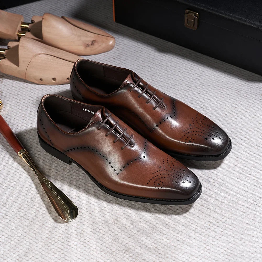 Italian Brogue Men's Oxfords Genuine Leather Lace-Up Formal Dress Shoes for Wedding Party Office Classic Male Shoe