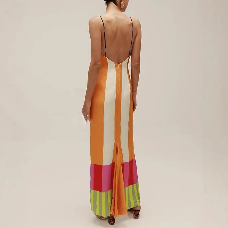 Elegant Contrast Striped Print Strap Dress Women Spring V Neck Backless Hollow Long Dress Summer Sleeveless Zip Split Boho Dress