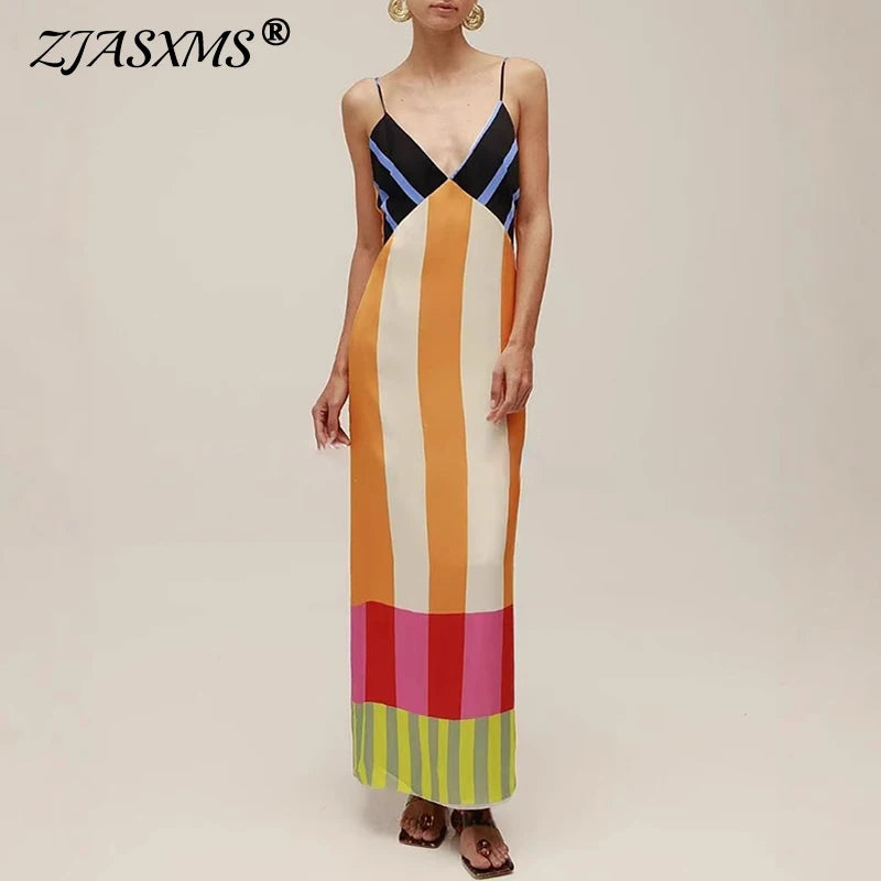 Elegant Contrast Striped Print Strap Dress Women Spring V Neck Backless Hollow Long Dress Summer Sleeveless Zip Split Boho Dress