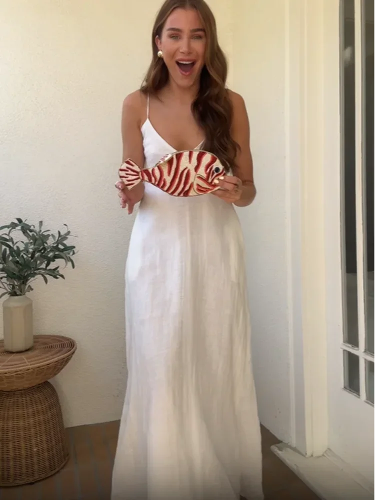 Casual White Cotton Linen Sling Dress Women Fashion Loose V-neck Sleeveless Backless Robes 2025 Lady Summer Daily Commute Robes