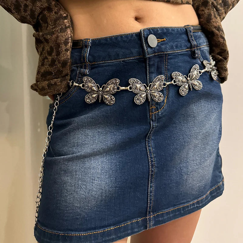 Vintage Sliver  Metal Waist Chain Belt High-End Luxury Brands Butterflies Punk Y2K Dress Jeans Waistband Fashion Belts For Women