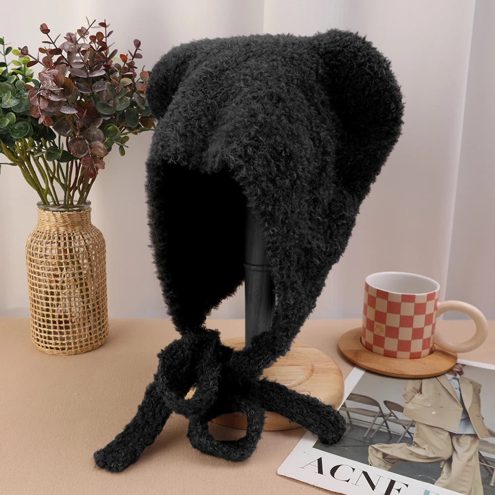 Knit Bear Ear Wool Hats Autumn Winter Women Girl Solid Color Comfortable Warm Cap Cute Outdoor Daily Gatherings Cap Fashion Gift