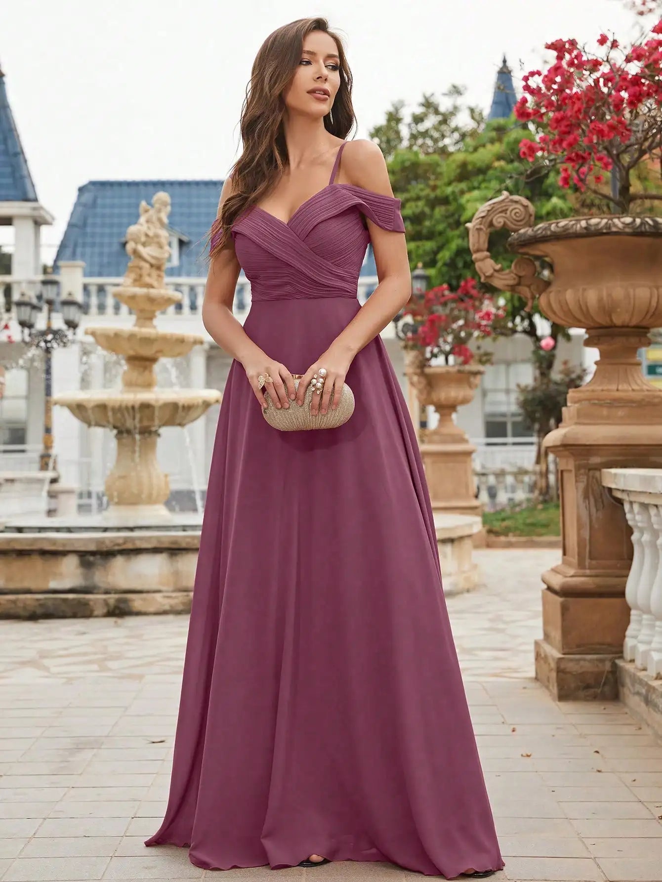 Unithorse Cold Shoulder Ruched Floor Length Chiffon Bridesmaid Dress