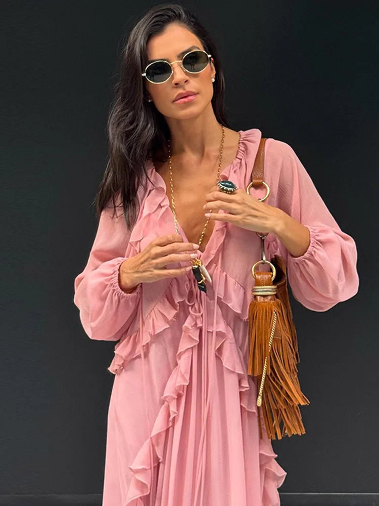 Elegant Summer Solid Color Women Long Robe Fashion V Neck Multiple Pleated Full Sleeves Female Dress New High Street Lady Wear
