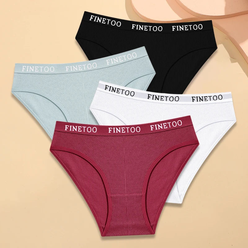FINETOO 4Pcs Cotton Striped Underwear Women's Panties Letter Belt Briefs Ladies Low Waist Lingerie Solid Breathable Underpants