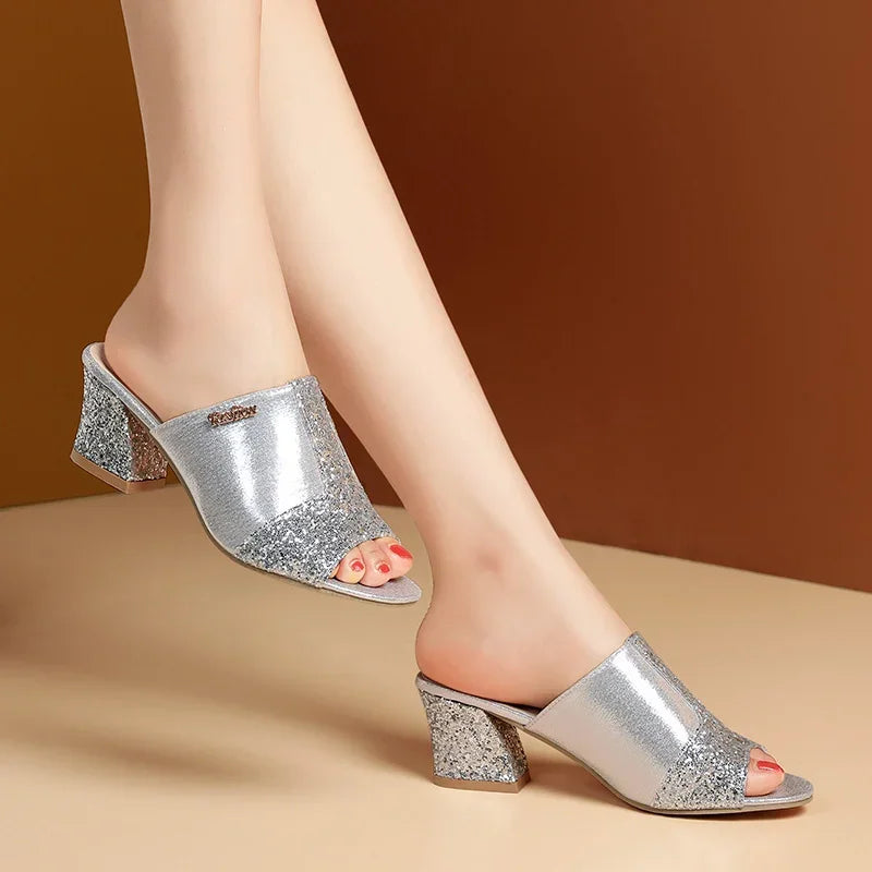 Plus Size 43 Women's Slippers 2025 New Summer Fashion Sequin Cool Slippers Outer Wear Women's Thick Heel Slippers Ladies Sandals