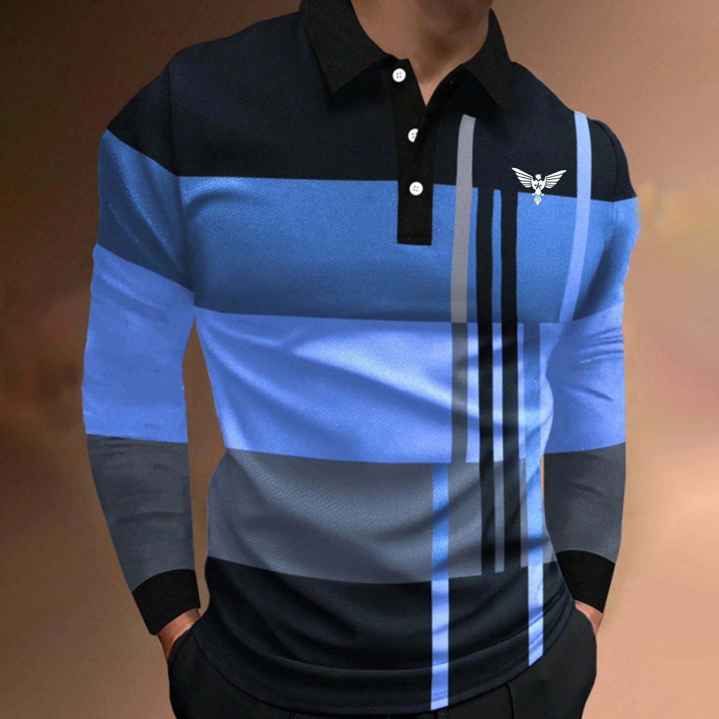 Casual Spring and Autumn Men's New Long Sleeve Polo Shirt with Splicing Colors Fashionable Breathable and Slim Fit Polo Shirt