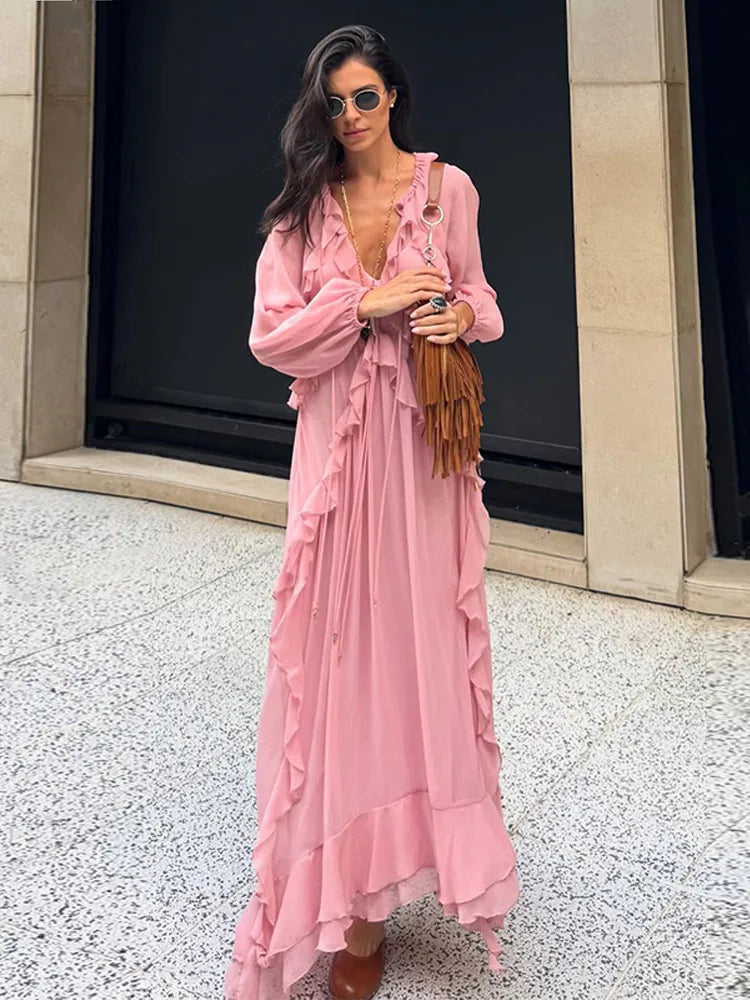 Elegant Summer Solid Color Women Long Robe Fashion V Neck Multiple Pleated Full Sleeves Female Dress New High Street Lady Wear