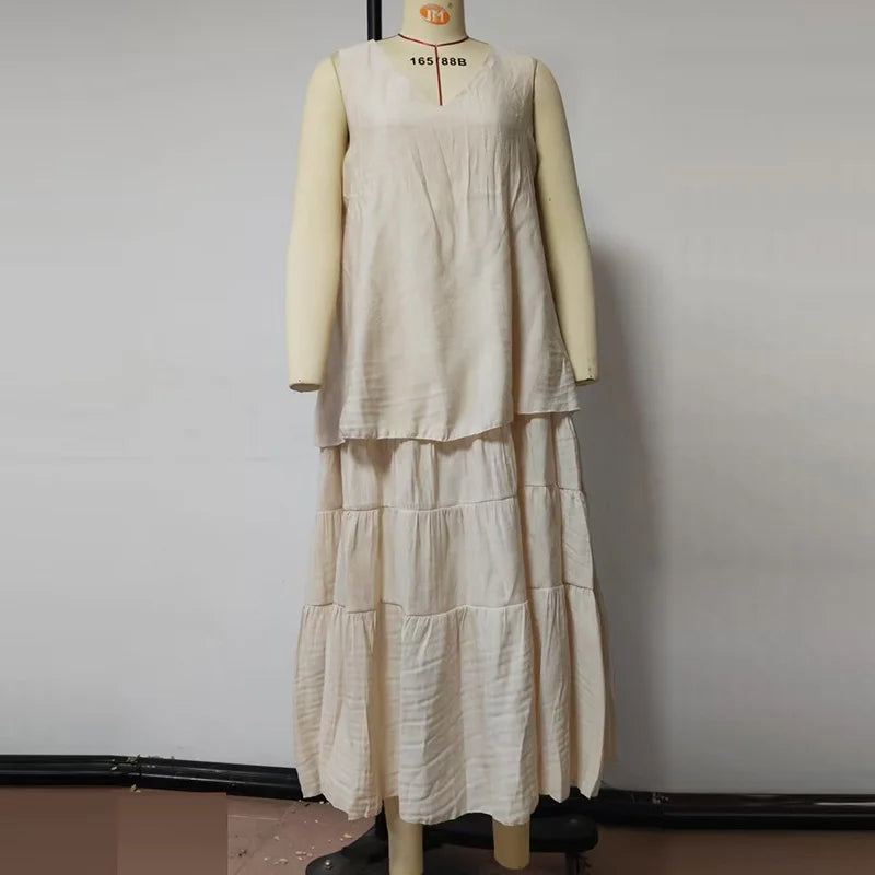 Summer Casual Sleeveless Loose Beach Dress Fashion Hight Waist Pleated Solid Party Dress Elegant V Neck Cotton Linen Long Dress