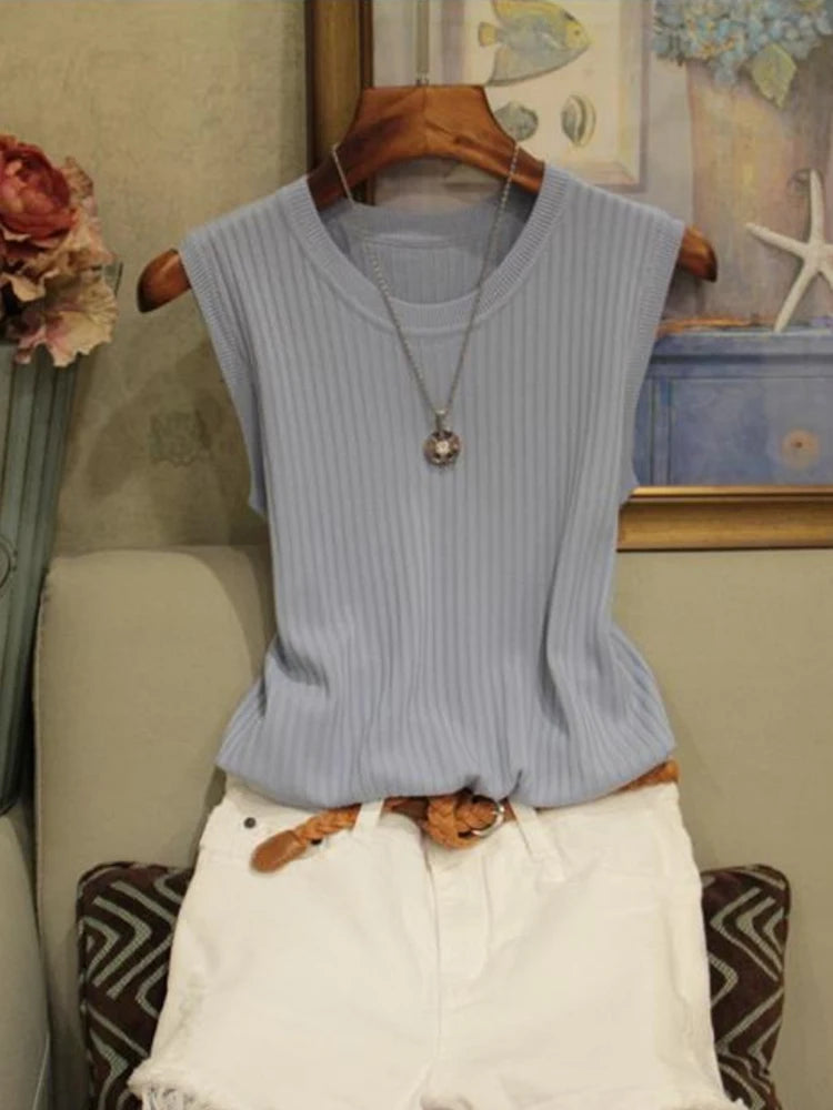 2024 Korea Knitted Vests Women Top Summer Sleeveless Blouse Women O-neck Knitted Blouse Shirt Women Clothes Women Tops