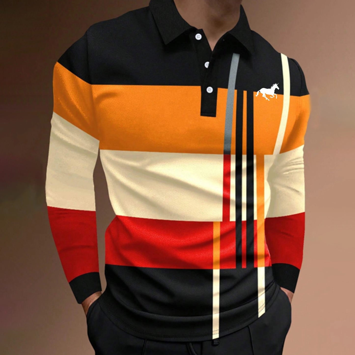 Casual Spring and Autumn Men's New Long Sleeve Polo Shirt with Splicing Colors Fashionable Breathable and Slim Fit Polo Shirt