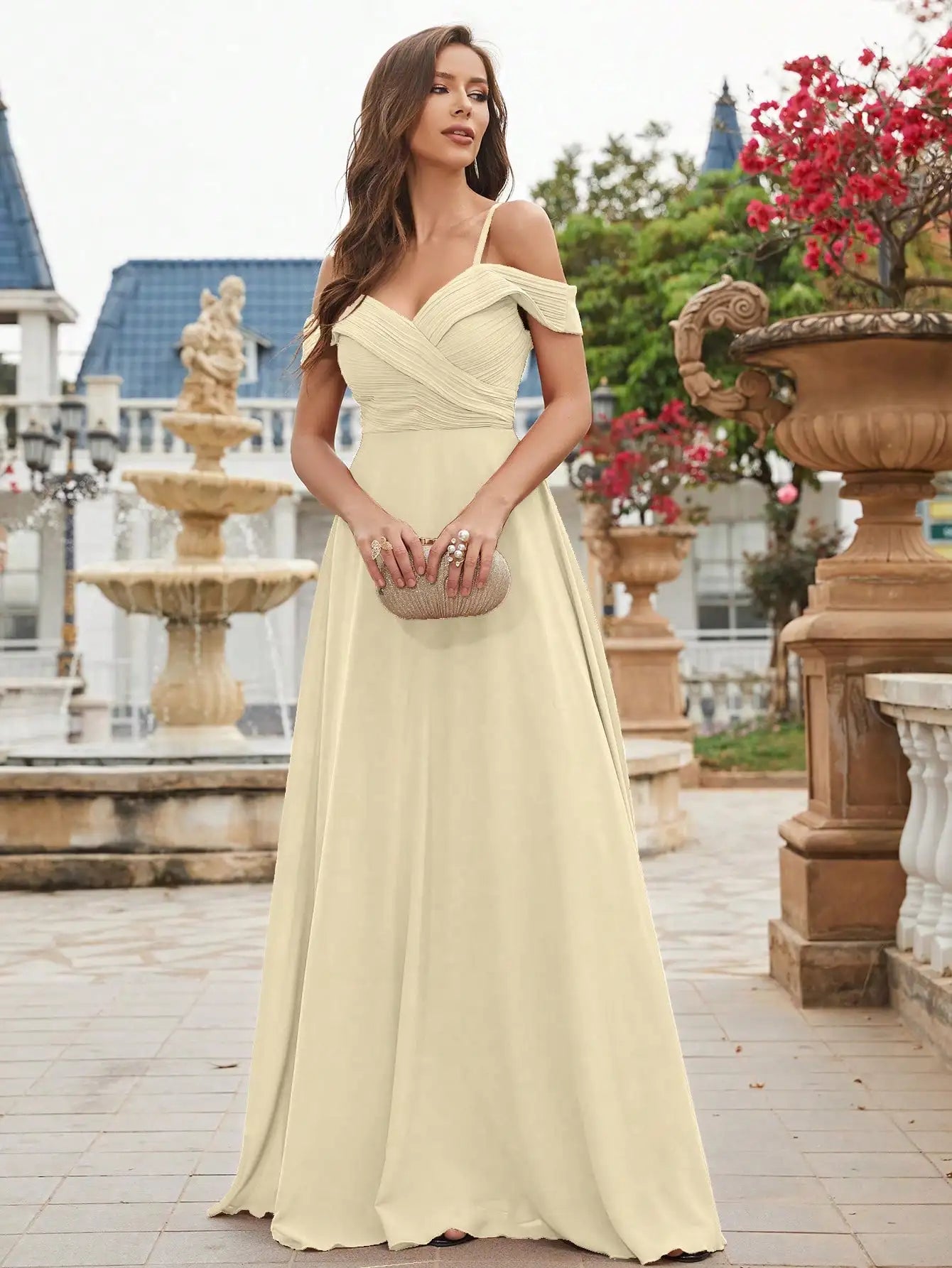 Unithorse Cold Shoulder Ruched Floor Length Chiffon Bridesmaid Dress