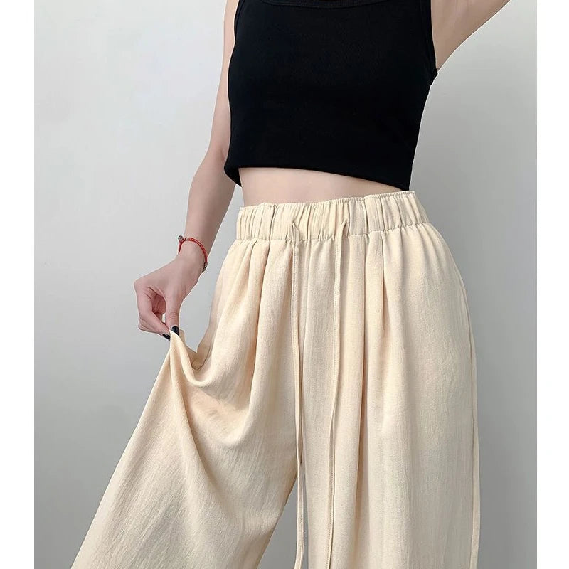 Back to School Summer Women's New Fashion Thin Japanese Ice Silk Wide-Leg High-Waisted Straight Draped Anti-Wrinkle Casual Pants