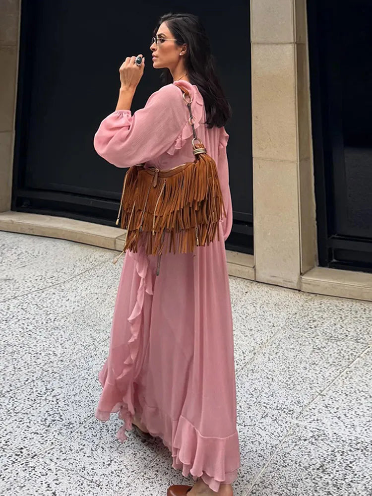 Elegant Summer Solid Color Women Long Robe Fashion V Neck Multiple Pleated Full Sleeves Female Dress New High Street Lady Wear