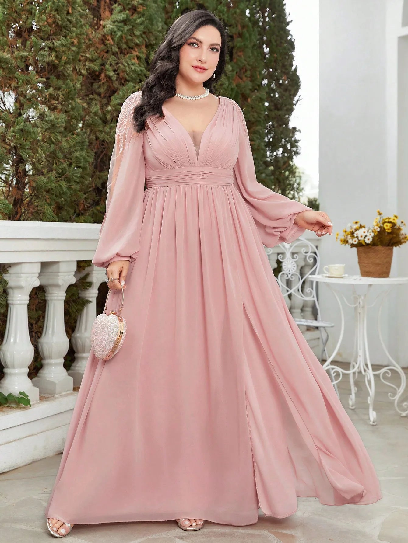 Unithorse Plus Plunging Neck Lantern Sleeve Split Thigh Chiffon Bridesmaid Dress
