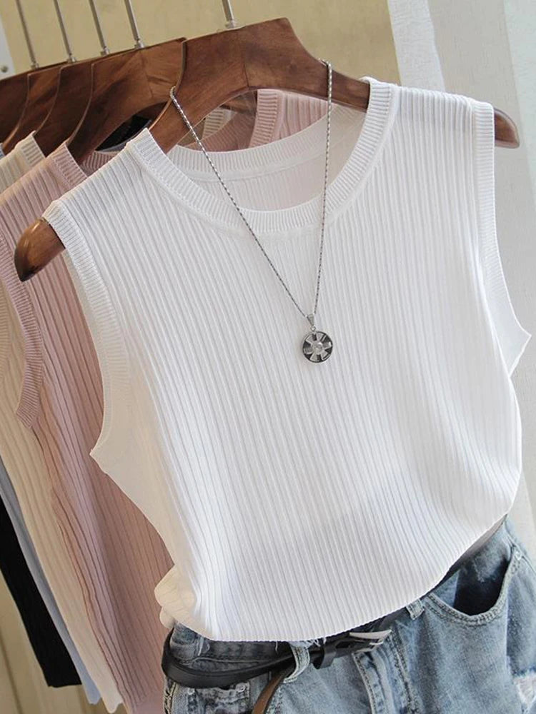 2024 Korea Knitted Vests Women Top Summer Sleeveless Blouse Women O-neck Knitted Blouse Shirt Women Clothes Women Tops