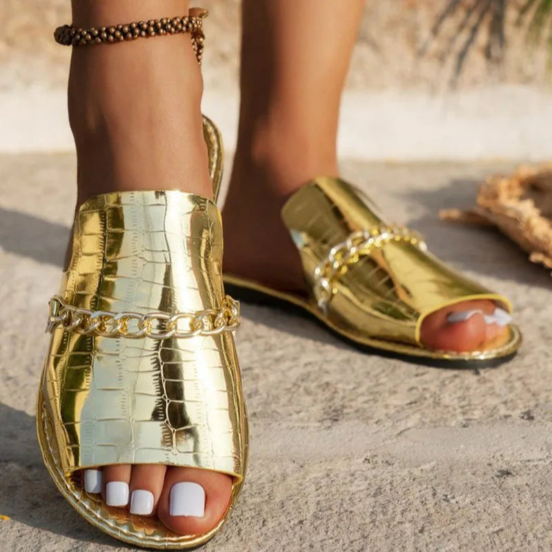 Sandals for Women 2024 New Summer Fashion Casual Versatile Open Toe Slippers Women's Chain flat Sandals Shoes Large Size 36-43