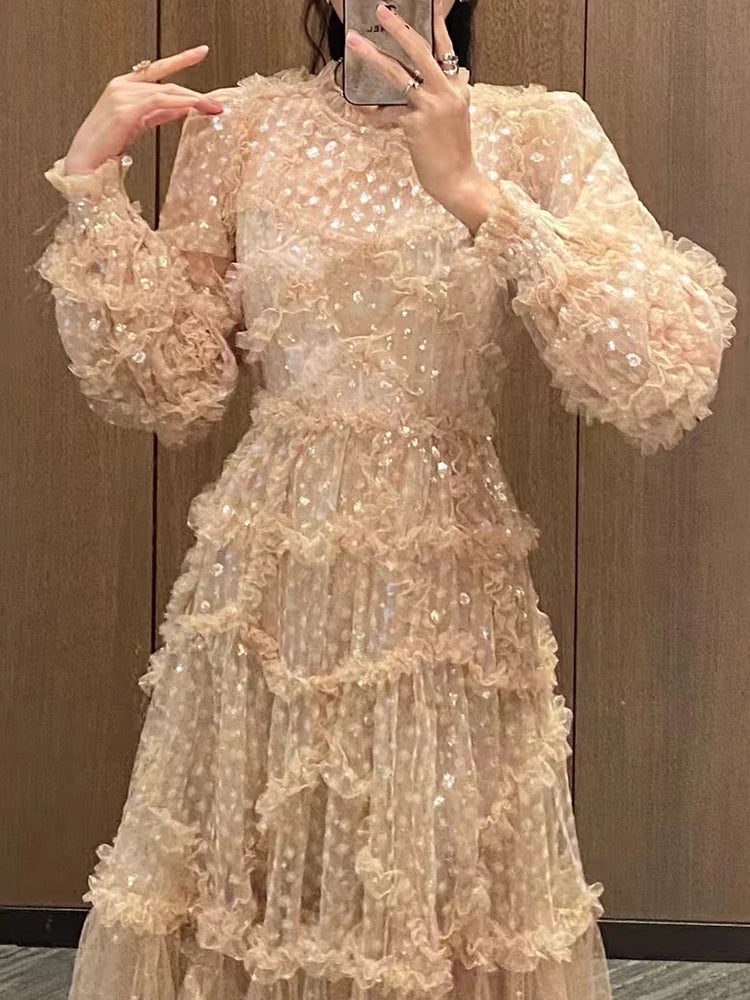 Spring 2025 women's dress, embroidered sequin polka dot mesh dress, irregular multi-layered black ear-edge loose puffy skirt