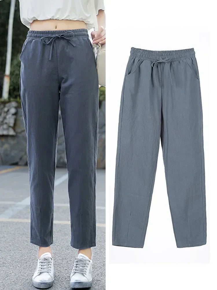 Womens Spring Summer Pants Cotton Linen Solid Elastic waist Candy Colors Harem Trousers Soft high quality for Female ladys S-XXL