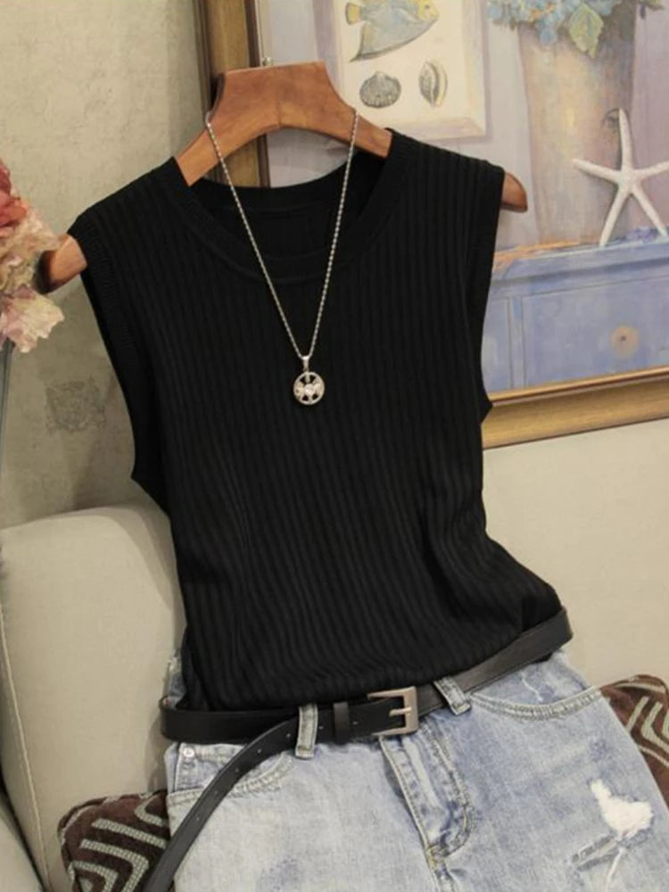 2024 Korea Knitted Vests Women Top Summer Sleeveless Blouse Women O-neck Knitted Blouse Shirt Women Clothes Women Tops