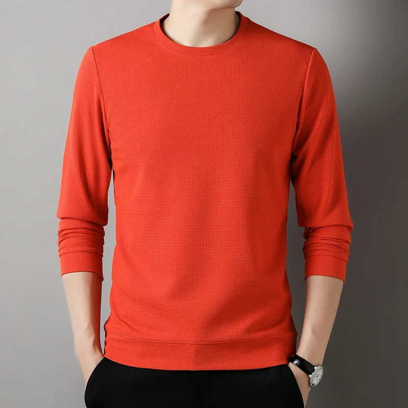 New Men's Business Casual Long Sleeved Solid Color Round Neck T-shirt for Autumn Winter Comfortable Fashionable Versatile Top