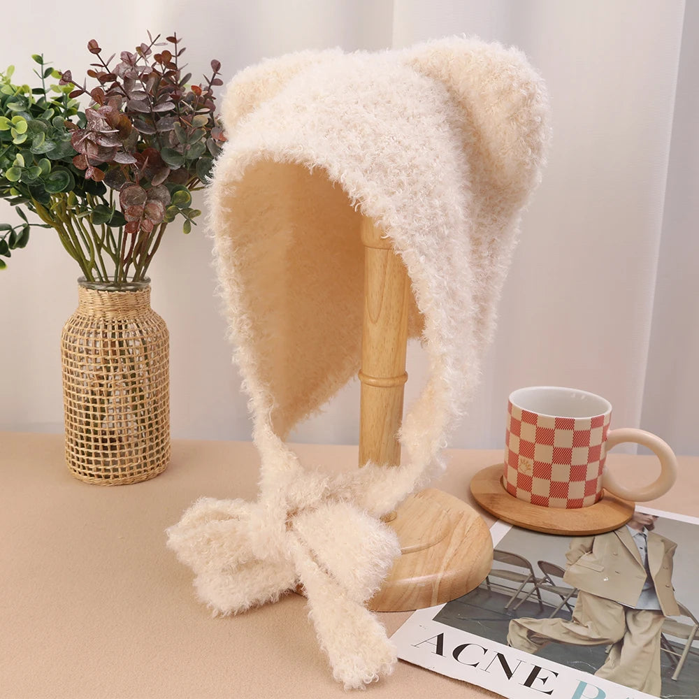 Knit Bear Ear Wool Hats Autumn Winter Women Girl Solid Color Comfortable Warm Cap Cute Outdoor Daily Gatherings Cap Fashion Gift