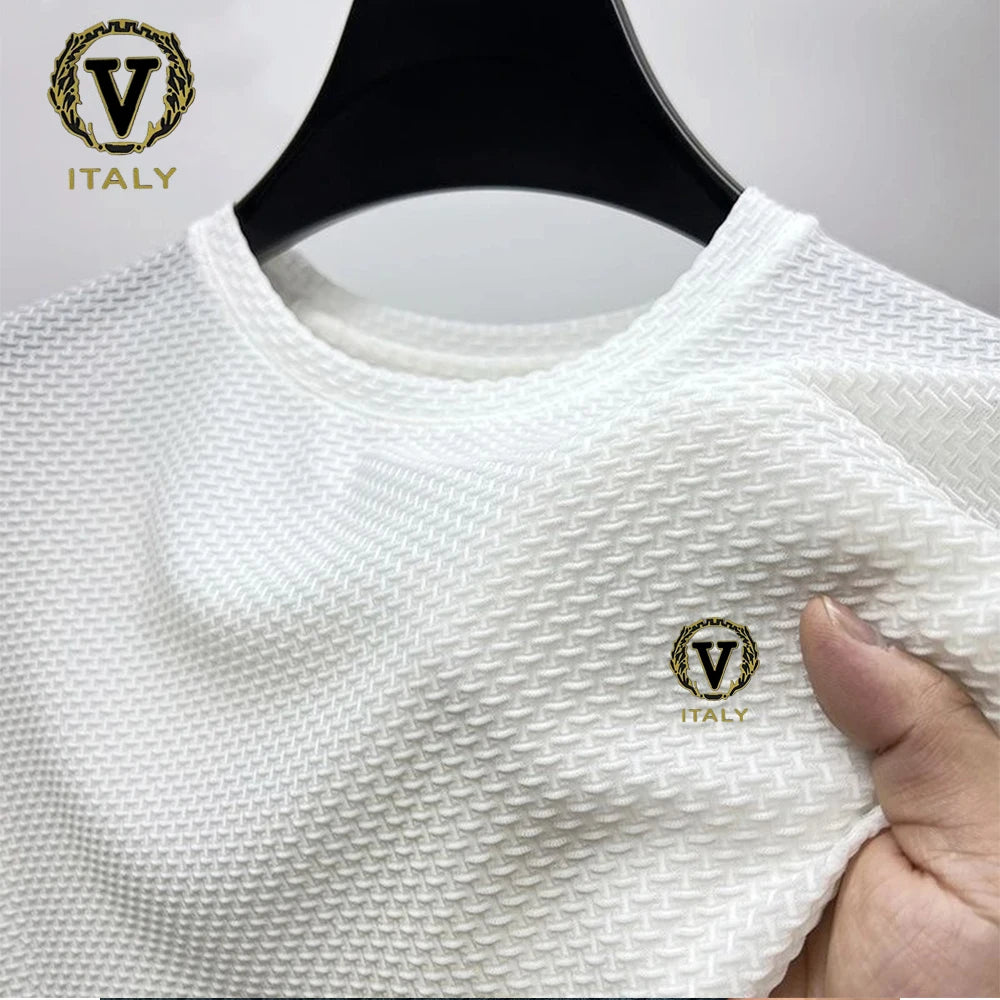 Ice Silk T-shirt Trendy Printing Men's Short Sleeve Round Neck 2024 Summer New Half Sleeve Thin Solid Color Tees Top Ropa Hombre