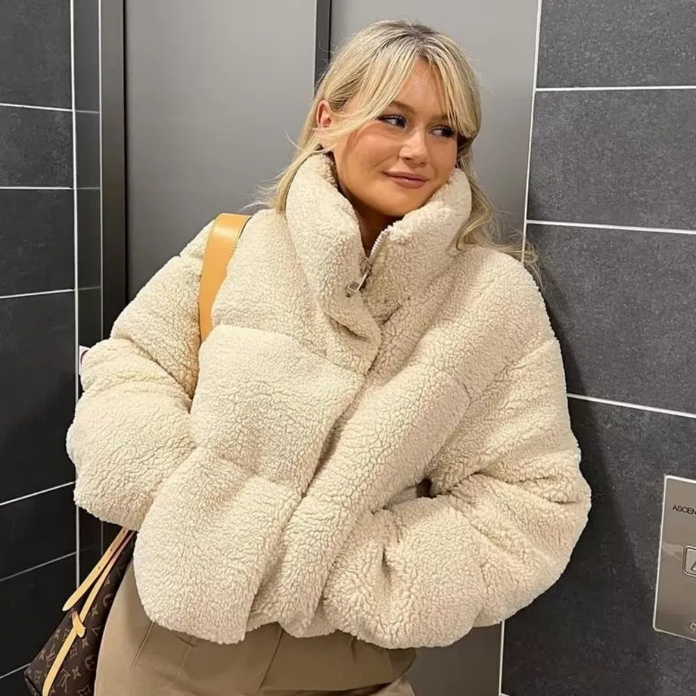 PB&ZA 2023 Autumn and Winter New Women's Lamb Wool Short Cotton Coat Standing Collar Thickened Warm Bread Coat Cotton Coat