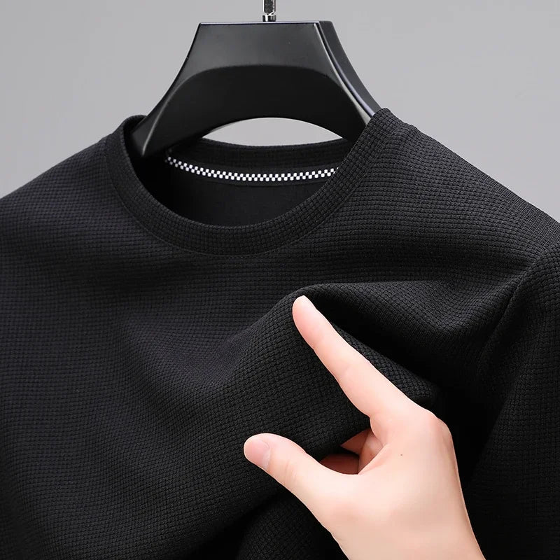 New Men's Business Casual Long Sleeved Solid Color Round Neck T-shirt for Autumn Winter Comfortable Fashionable Versatile Top