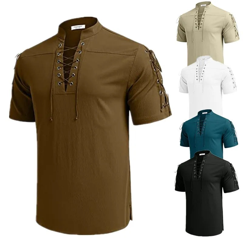 Summer New Men's V-neck shirt  Men's Short-Sleeved T-shirt Cotton and Linen Led Casual Men's T-shirt Shirt Male Breathable tops