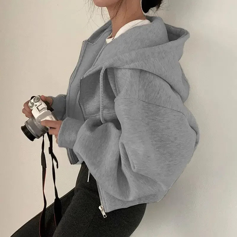OCEANLOVE Hooded Short Sweatshirts Zipper Solid Korean Fashion Chic Women Hoodies Casual Spring Autumn Sudaderas Para Mujer